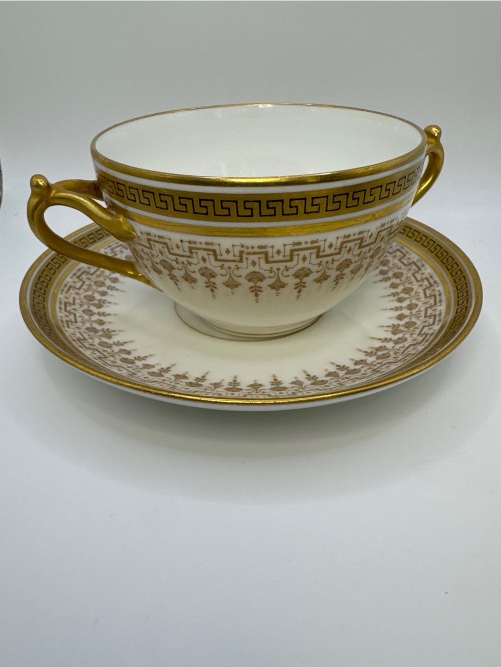 Vintage Limoges D&C France Gold Greek Key Double Handle Soup Cup & Saucer